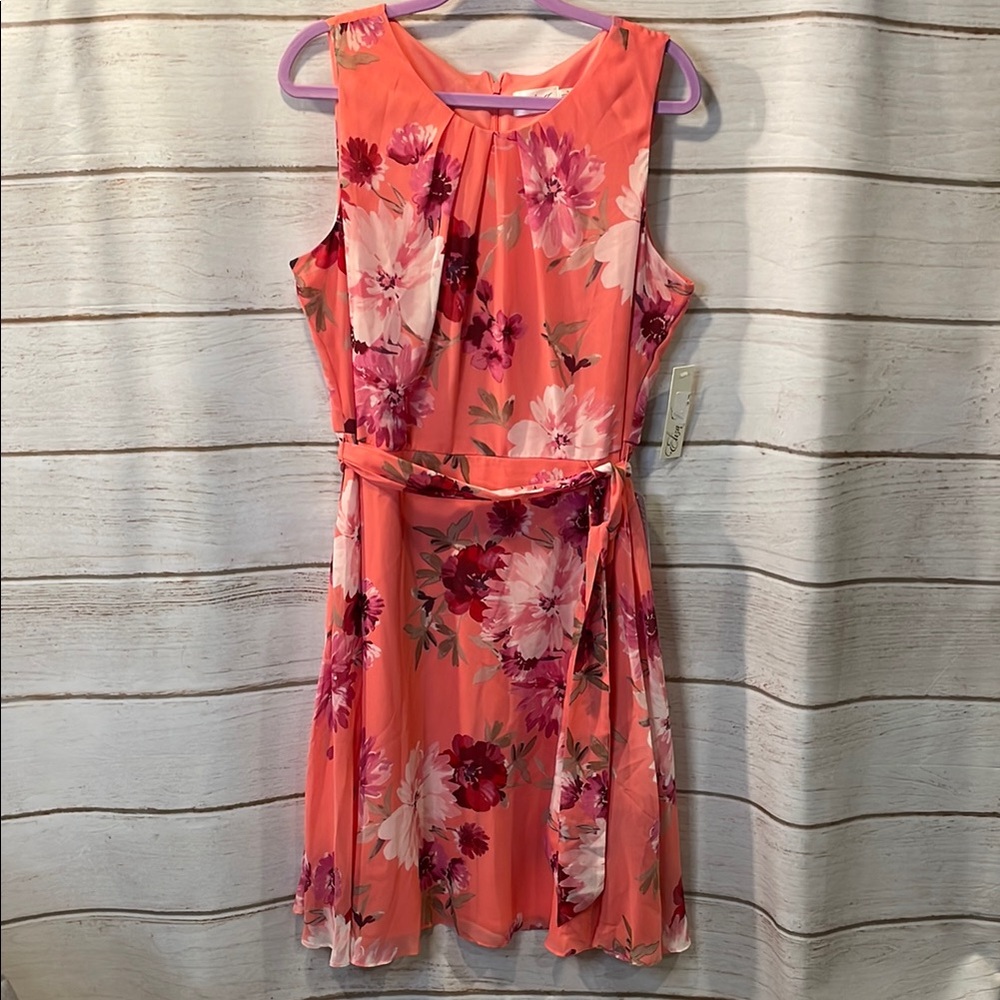 NWT Eliza J Coral Pink Floral Sleeveless Pleated Neck Fit Flare Midi Dress 16